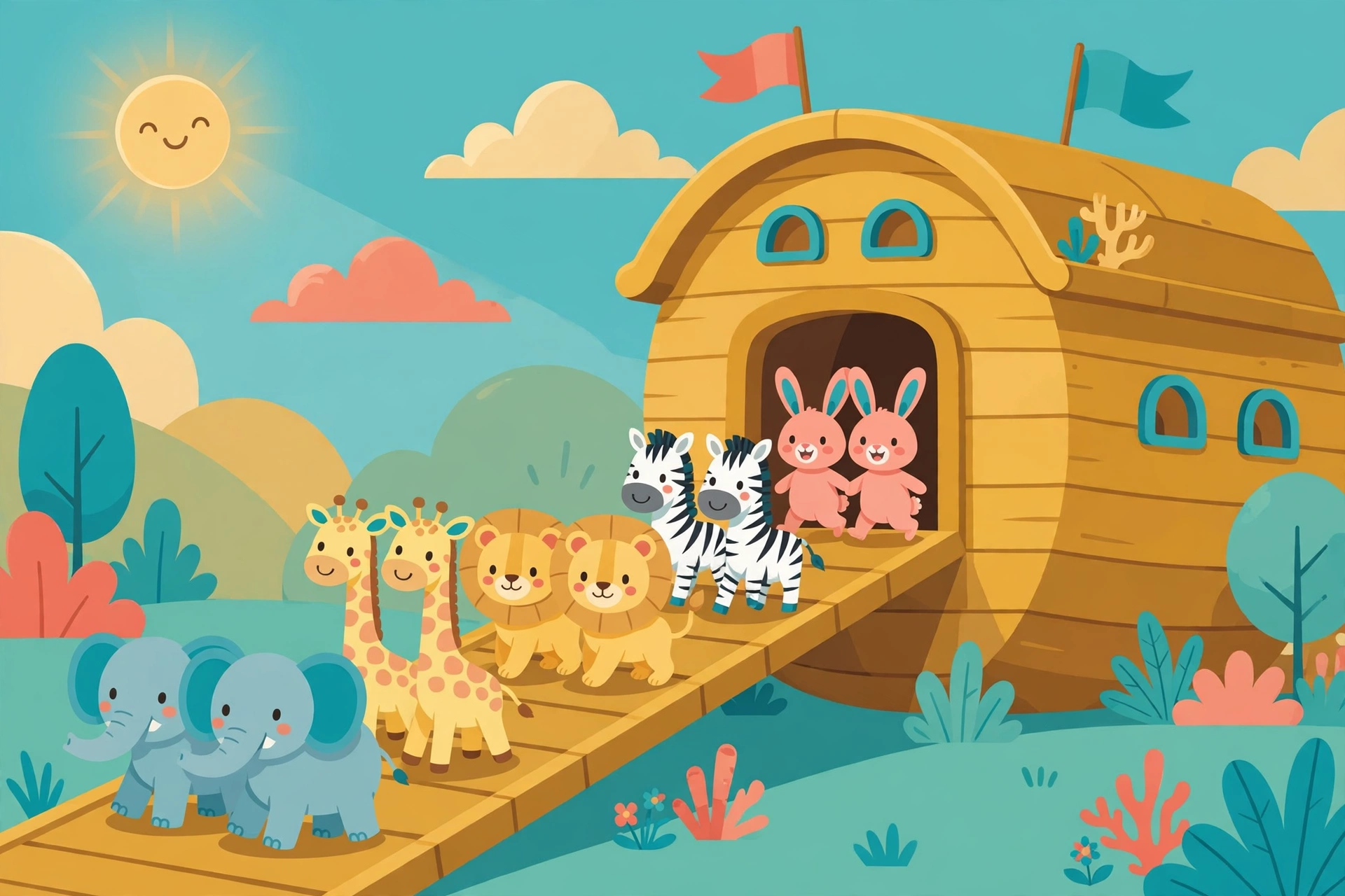 Los animales entrando al arca de dos en dos